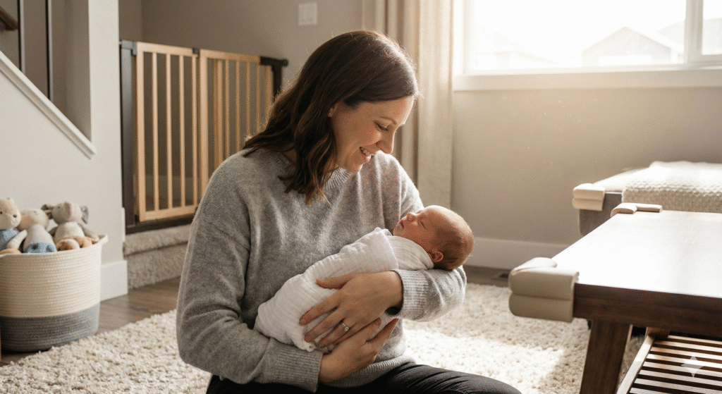 Mother carrying and caressing her newborn in a baby‑proofed living room, highlighting safety and love