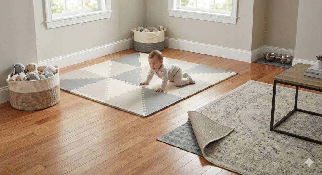 Baby crawling on geometric foam play mat in child-safe living room