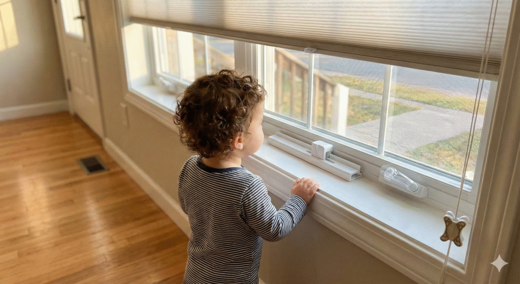 Baby watching through a baby‑proofed window, safely exploring surroundings with curiosity and wonder