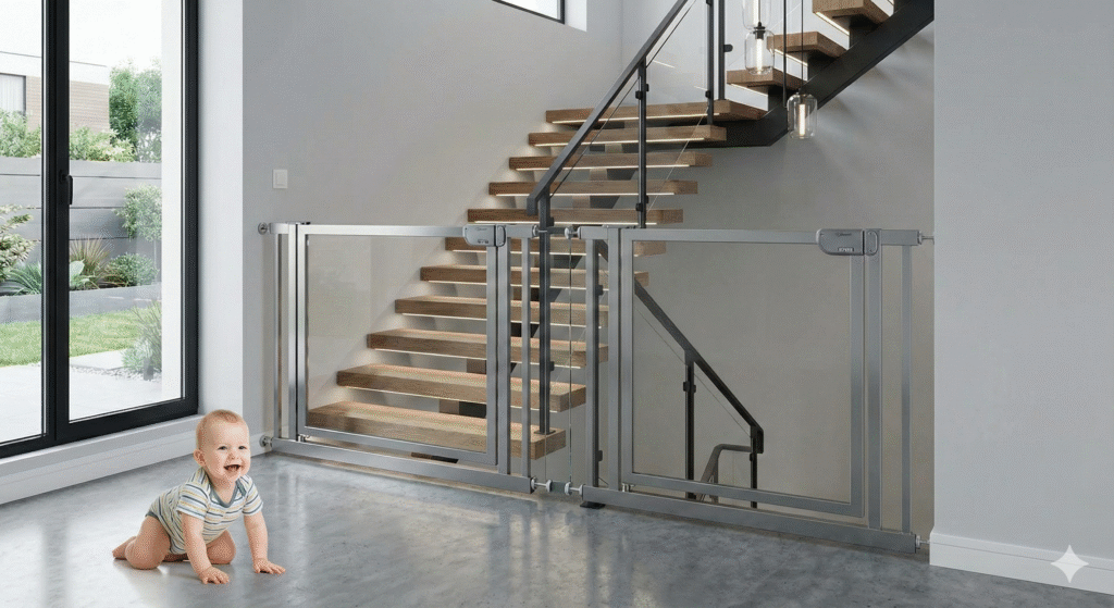 Baby crawling safely beside baby‑proofed stairs, highlighting protection and secure exploration at home