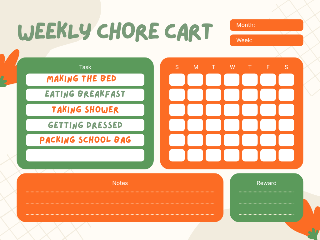 Weekly chart encouraging kids to stay organized and confident with morning chores