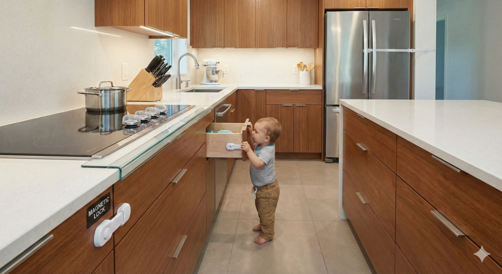 Baby exploring a baby‑proofed kitchen, safely engaging with surroundings in a secure environment