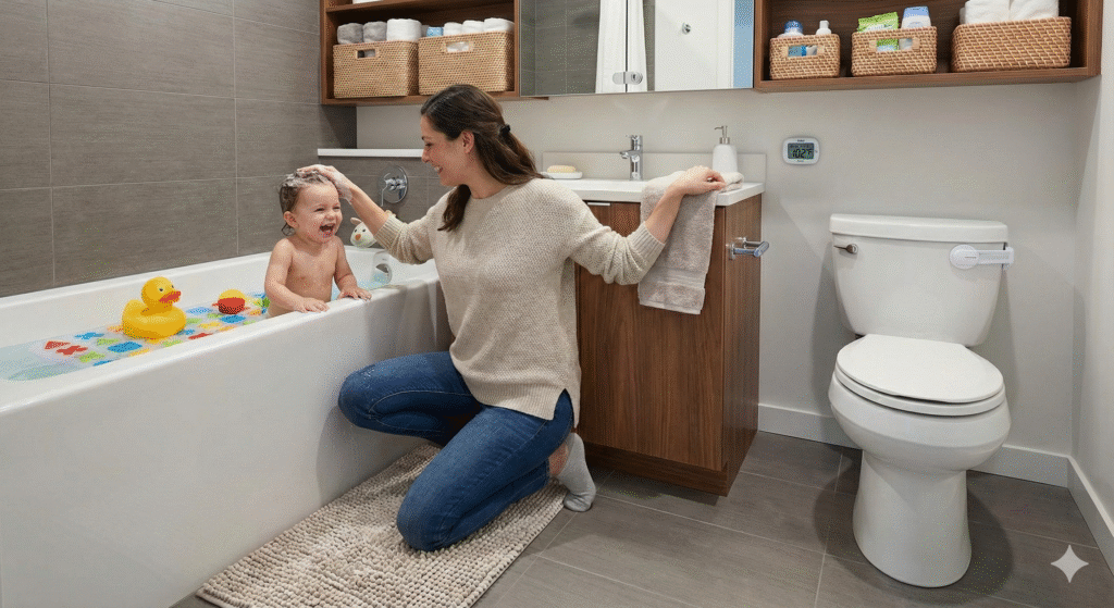 Mother bathing her baby in a baby‑proofed bathroom, ensuring safety, comfort, and gentle care
