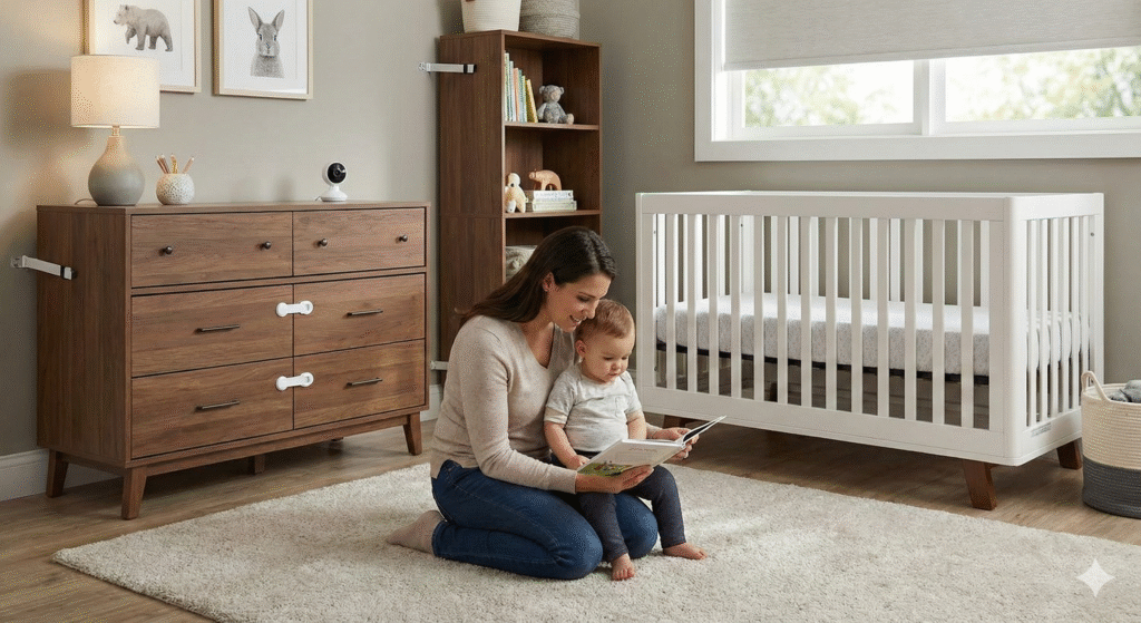 Mother placing baby in her lap and showing a picture in a baby‑proofed nursery room, highlighting safety, bonding, and gentle care