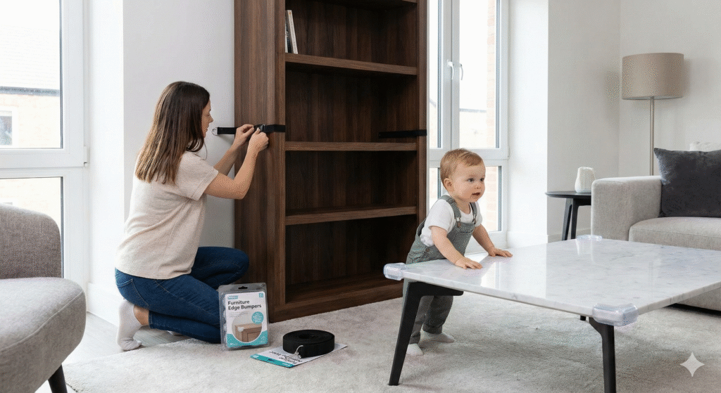 Mother baby‑proofing furniture in the living room while her child nearby, highlighting safety and care