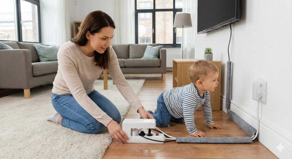 Mother baby‑proofing electrical cables in the living room while her child sits nearby, ensuring safety and care