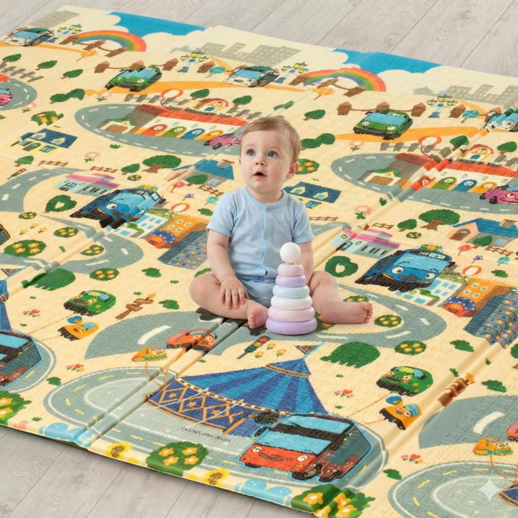 Baby in blue outfit playing with stacking toy on colorful city-themed play mat with roads and buildings