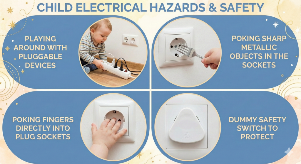 Illustration of child electrical hazards with safety tips, including socket covers and dangerous behaviors