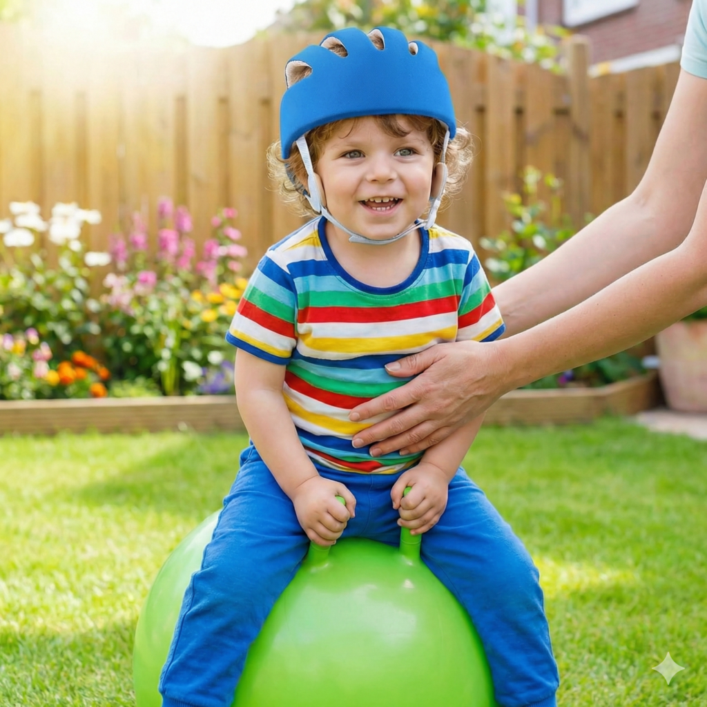 Child wearing helmet playing on green hopper ball in backyard with adult supervision