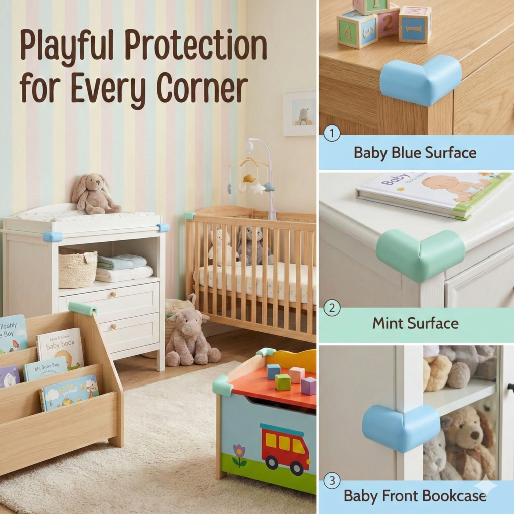 Nursery room with pastel corner protectors on crib, bookcase, and furniture for baby safety