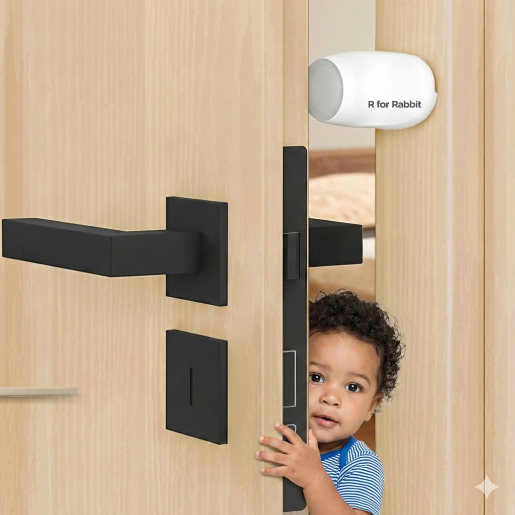 Child peeking through door with mounted finger pinch guard for baby safety