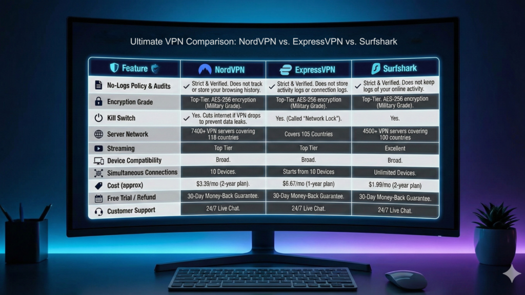 Curved monitor displaying a comparison chart of NordVPN, ExpressVPN, and Surfshark, highlighting features like encryption, server networks, cost, and device compatibility in a modern workspace.